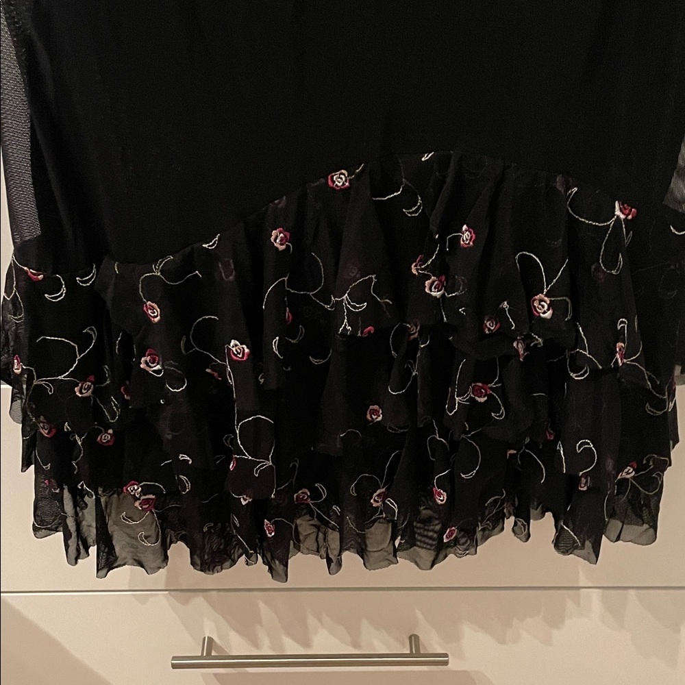 Black Ruffled Skirt with Floral Embroidery